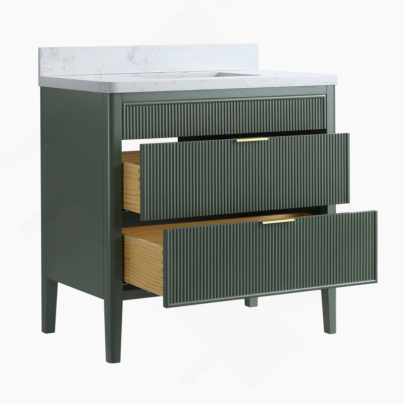 Ensemble de meuble-lavabo sur pied entièrement assemblé avec 2 ensembles de poignées et plateau en marbre d'ingénierie entièrement assemblé
