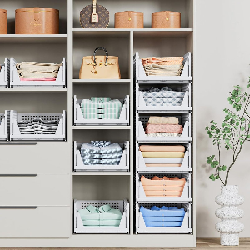 Paniers de rangement pour garde-robe empilables - Blanc - Paquet de 5 paniers de rangement pliables et imperméables, rangement multifonctionnel peu encombrant pour garde-robe, chapeau et tiroir
