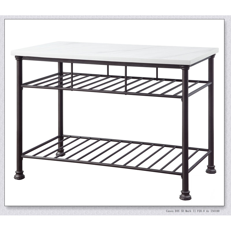 Freyja Cultured Marble Top Kitchen Island with Metal Shelves and Open Frame for Modern and Functional Kitchens