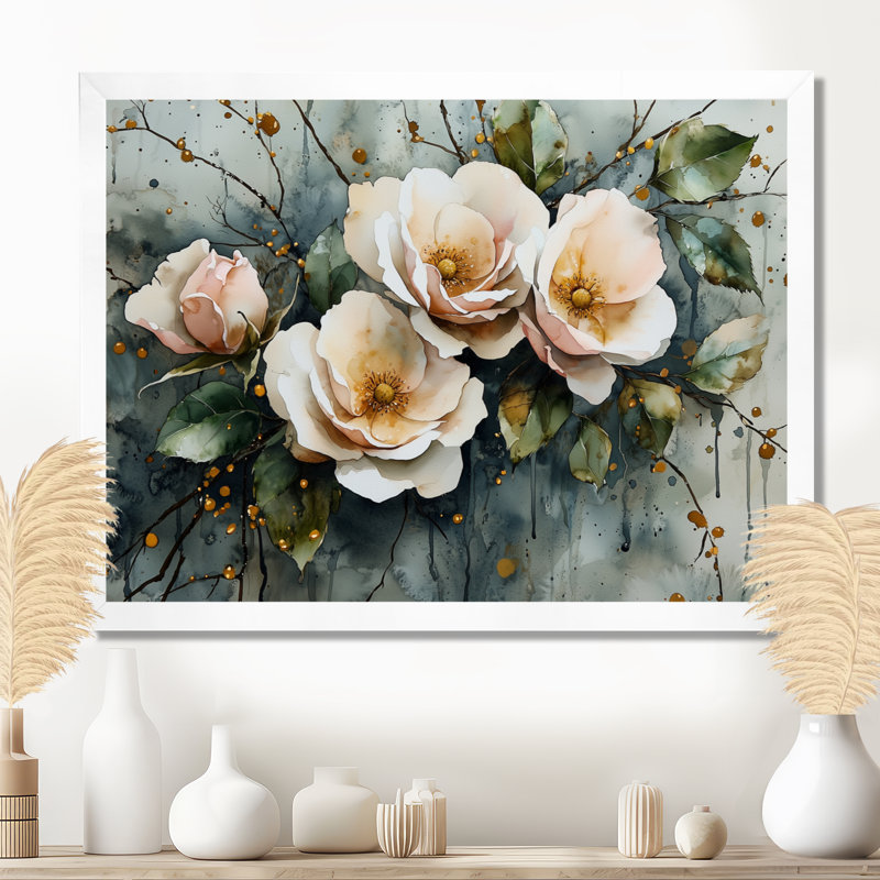 Indasha - art mural floral, Reproduction encadrée d'une seule photo, H 16 po x l 32 po, Blanc