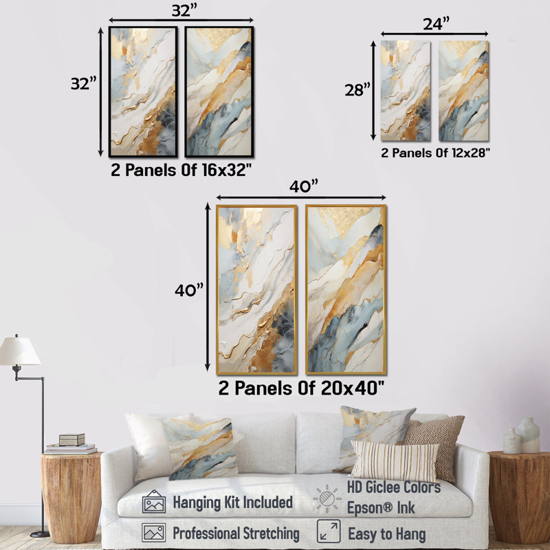 Ensemble de 2 décorations murales beiges et dorées Glacier Stone Simplicity, H 28 po x l 25 po, Toile tendue