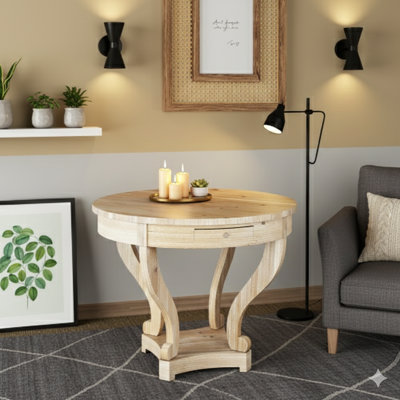 Farmhouse Style Small Round Table With Curved Legs, Can Be Used As A Dining, End, Side, Or Coffee Table For Dinette, Kitchen, Dining Room, Or Living Room, Natural Distressed Wood Grain Finish