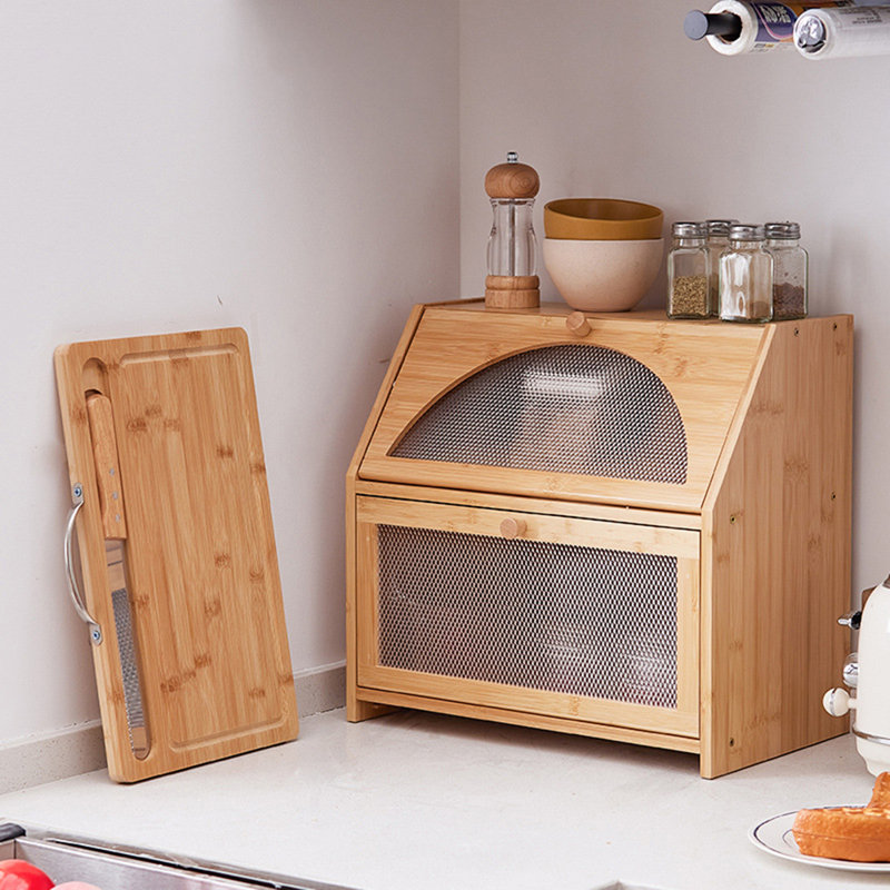 Beige Bamboo Bread Bin Storage Box for Kitchen Countertop Organizer With Cutting Board