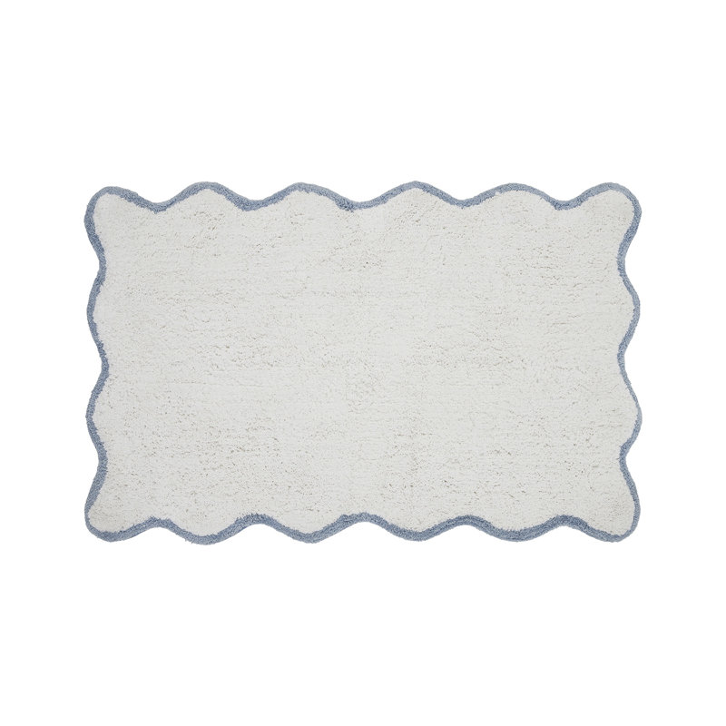 Tapis pour salle de bain en coton Ebern Designs Home Whitman, Simple - L 24 po x l 17 po, Blanc / Poussière bleue