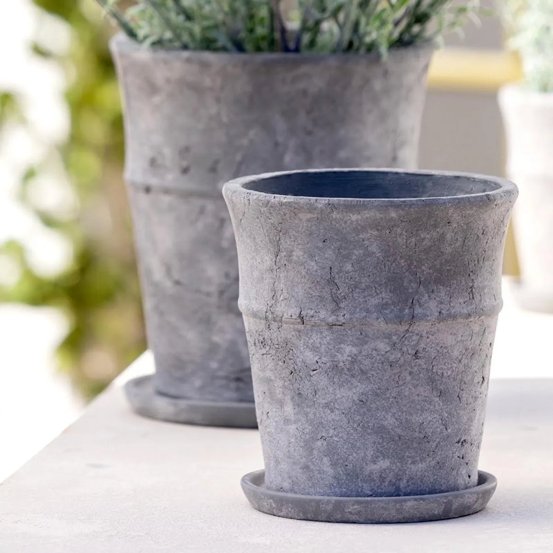 L Bluish Grey Distressed Vintage Planter Pot with Saucer Tray, 10" H x 8.5" W x 8.5" D