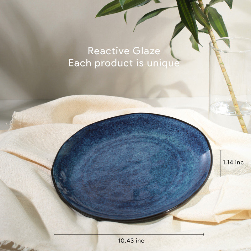 Handcrafted Blue Porcelain Round Dinner Plates, Set of 6