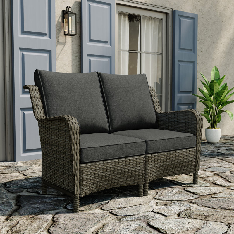 Causeuse d'extérieur en osier - Deux fauteuils simples combinés, Gris foncé, Brun grisâtre