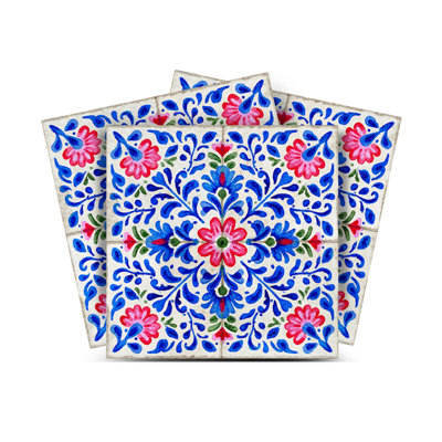 Carreau de mosaïque autocollant en vinyle à motif floral marocain bleu, rouge et vert, 18 x 18 cm