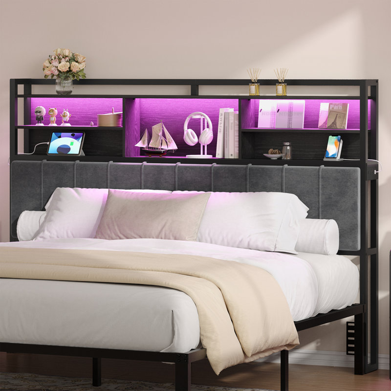 Headboard with 3-Tier Storage Shelves, Velvet Upholstered Head Board with 2 Outlets, USB Ports & LED Light, Soft Backrest
