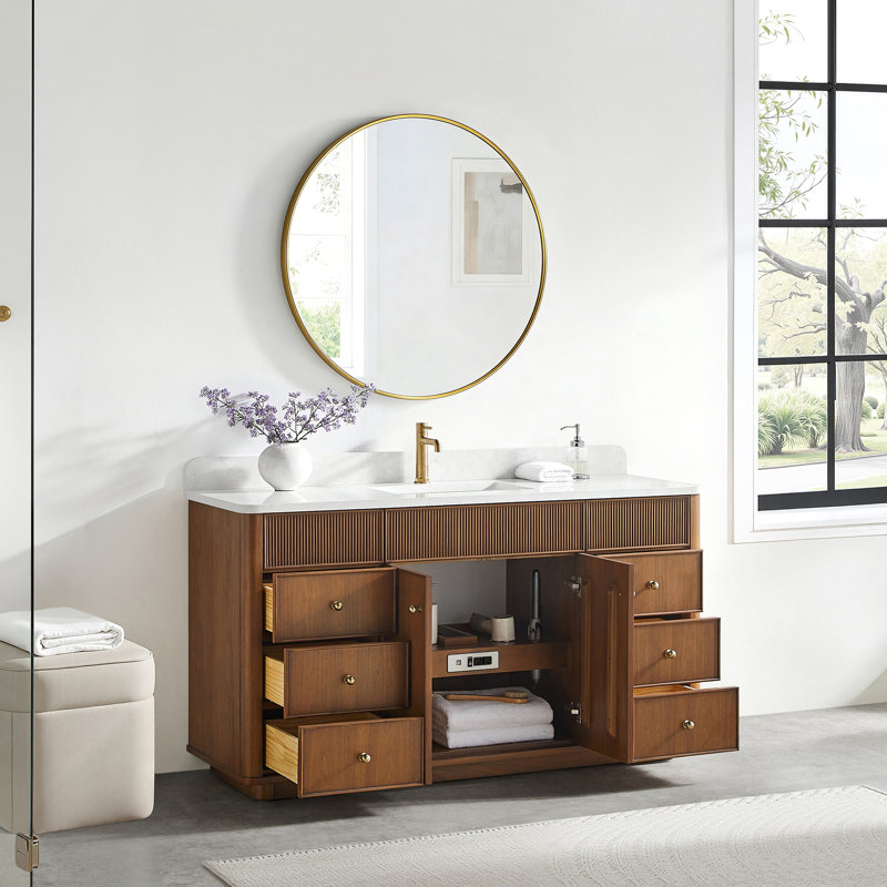 Ensemble de meuble-lavabo simple 60 po en noyer naturel avec plateau en pierre composite Taren, Noyer naturel