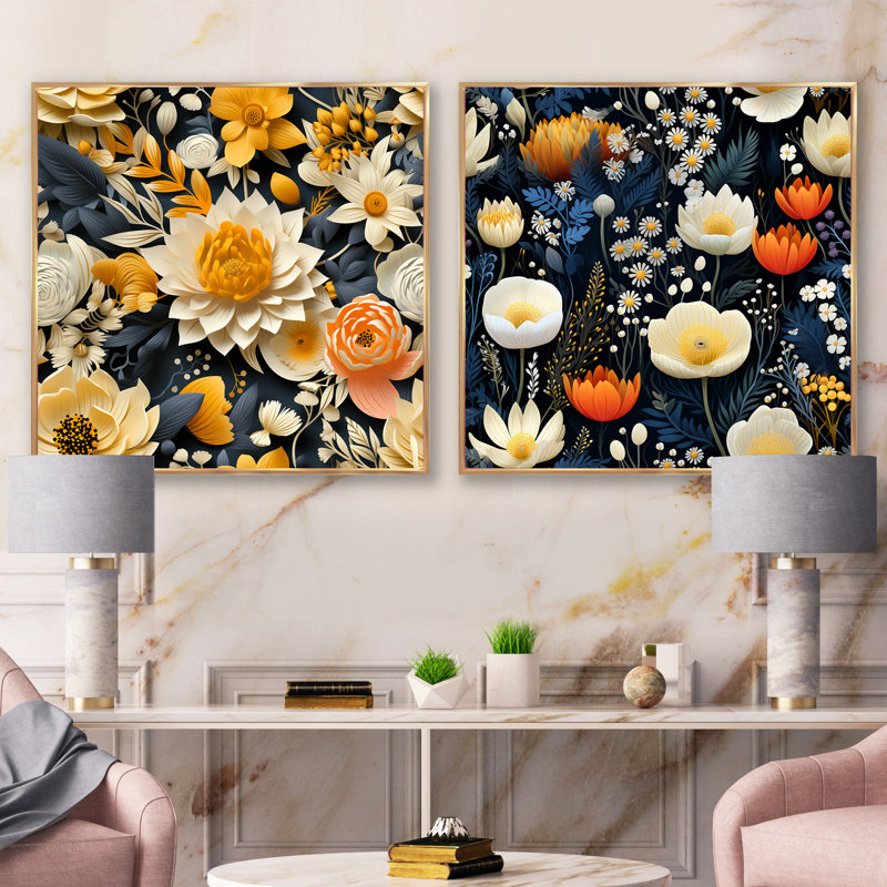 Palermo - Ensemble de 2 collages floraux carrés, Cadre flottant doré, H 36 po x l 73 po