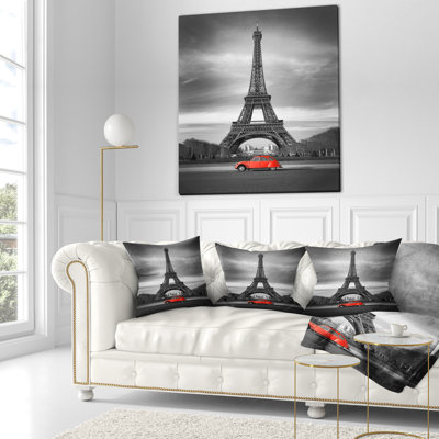 Landscape Printed Eiffel and Old Car Throw Pillow