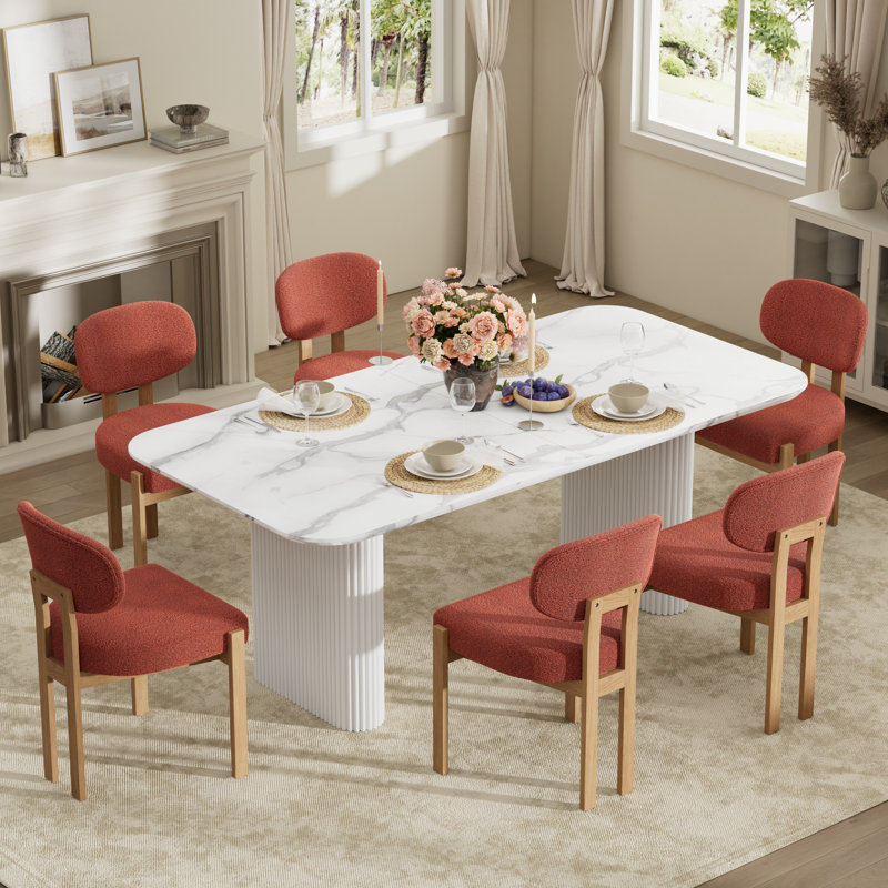Double Pedestal Dining Table Set, 7 Pieces: Table, 6 Chairs, White, Orange 