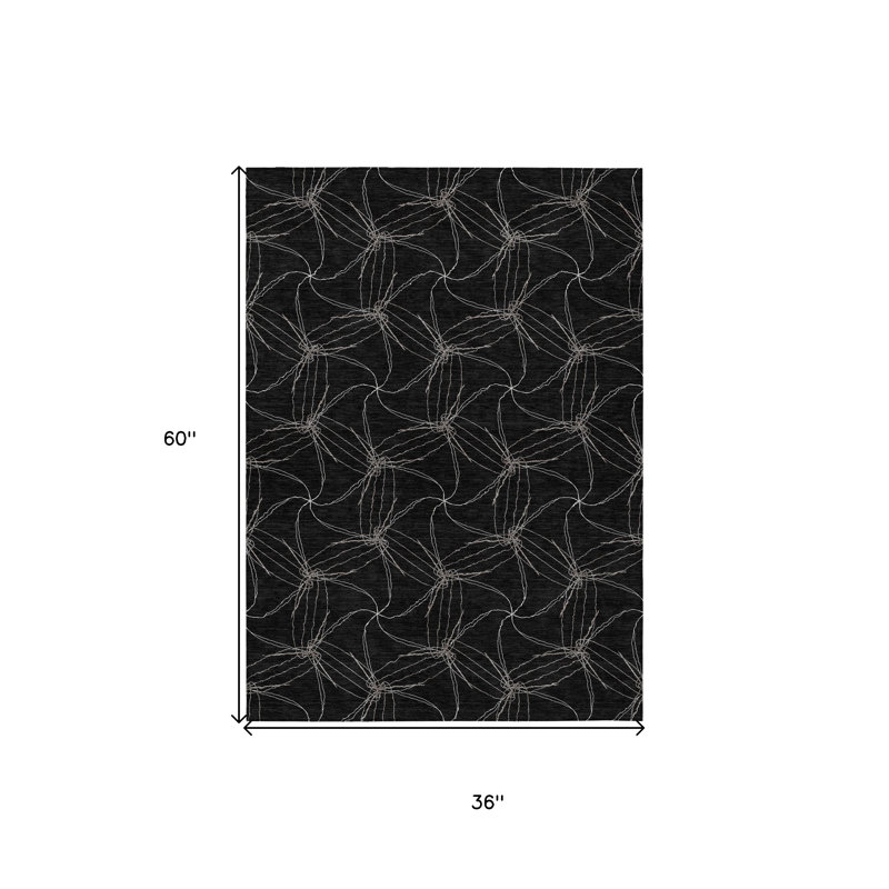 3' X 5' Black And Ivory Geometric Washable Indoor Outdoor Area Rug