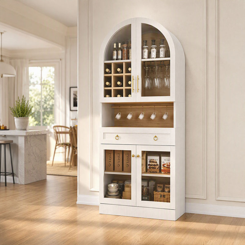 70" Tall Arched Bar Cabinet, Mid-Century Wine Liquor Cabinet with Tempered Glass Doors, Wine Racks, Drawer & Hooks, White