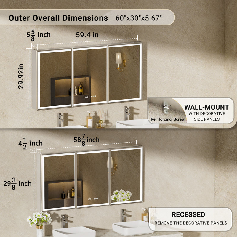 Svenn Recessed Lighted Medicine Cabinet With Mirror, 3 Adjustable Shelves, Beveled Design, Defogger, Outlets & Usbs