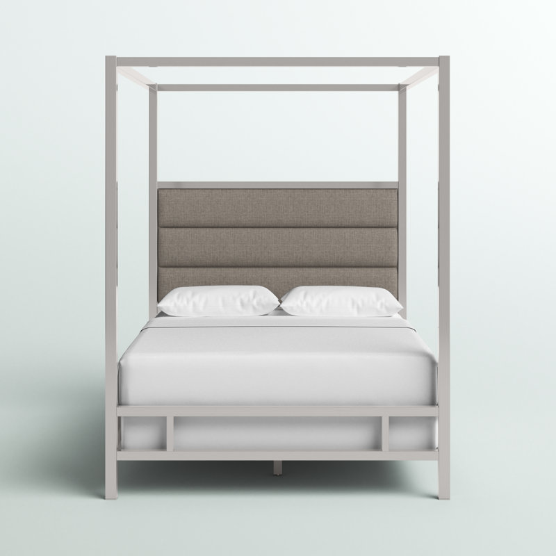 Pettaway Upholstered Metal Canopy Bed, Chrome Metal/Gray, Full