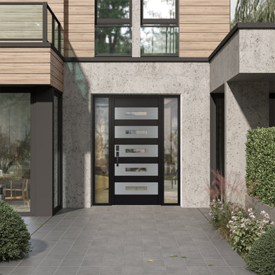 D9 60 po à droite X 80 po Panneau en acier argenté et verre transparent noir et noir avec 2 portes d'entrée en verre pré-montées