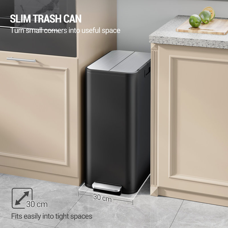 Kitchen Bin, 56L (2 × 28L) Recycling Bins for Kitchen with Soft-Close Lid, Stainless Steel Bins with Removable Inner Buckets, Pedal bin Includes 15 Trash Bags