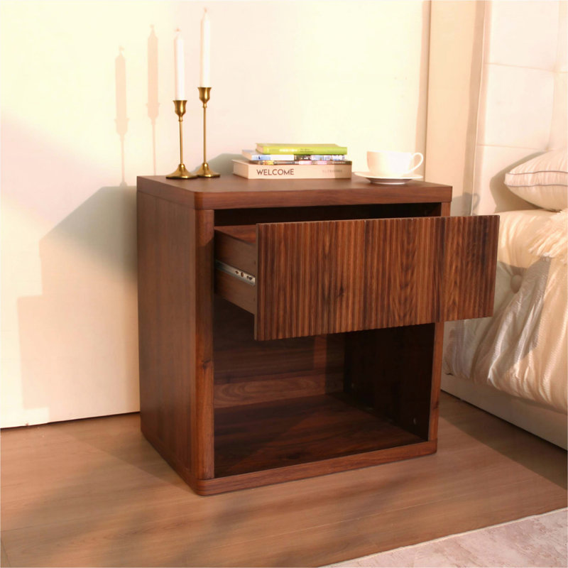 Grande table de chevet avec tiroir et compartiment ouvert, Noyer