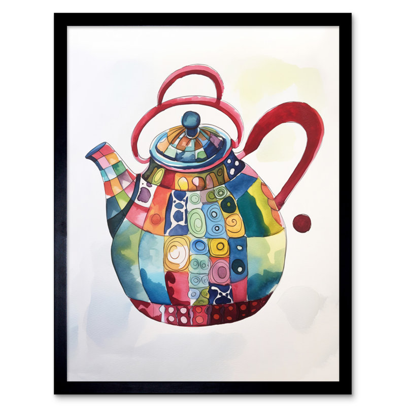 Enamelled Patterned Tea Kettle Teapot Folk Art Watercolour Painting Artwork Framed Wall Art Print 9X7 Inch