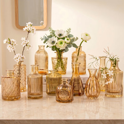 12-Pack Gold Amber Glass Bud Vases, Mini Champagne Colored Vintage Vessels for Flowers, Bulk Small Vases for Wedding Centerpieces, Single Stem Display, Home or Office Table Decor