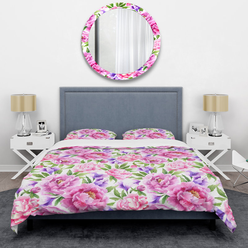 Fleurs mauves et feuille verte - ensemble de housse de couette floral - microfibre de polyester