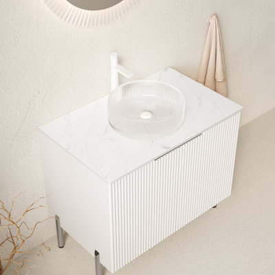 Turio 30" Bathroom Vanity With Sink, Freestanding Bathroom Storage Cabinet With 2 Doors, Transparent Round Glass Basin And Carrara White Artificial Countertop, No Faucet, White Colour