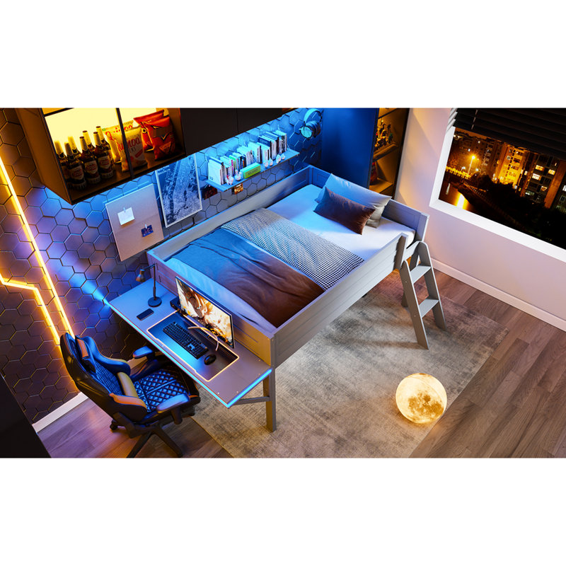 Lit mezzanine pleine grandeur avec bureau et DEL - gris pour une chambre à coucher pratique et pratique qui améliore l'organisation de l'espace