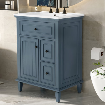 Meuble-lavabo de 24 po avec lavabo - un tiroir rabattable et deux tiroirs, tablette réglable, armoire en bois massif et en bois aggloméré, bleu gris - Mobilier de salle de bain
