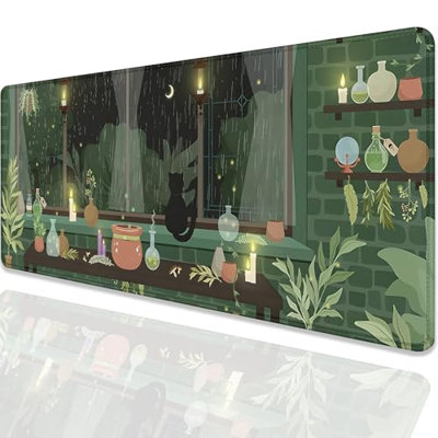 Black Cat Mouse Pad Green Plants Desk Mat Pad Anime Large Gaming Cartoon Cute Mouse Pad,Stitched Edges Non-Slip Waterproof Rubber Base Mous Mat for Office Home Work Gaming, 15.75 x 31.5 inComes with a pure white mug as a gift