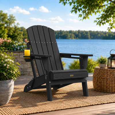Weather-Resistant Adirondack Chairs with Cup Holder: Outdoor Plastic HDPE Folding Adirondack Chairs for Fire Pit/Deck/Porch/Garden/Lawn/Backyard (Black)