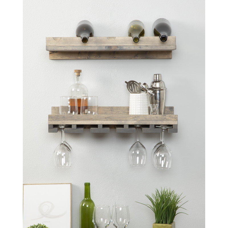 Support à vin à et à verres à fixation murale en bois massif Blende, Gris, H 4,25 po x l 24 po x P 10 po