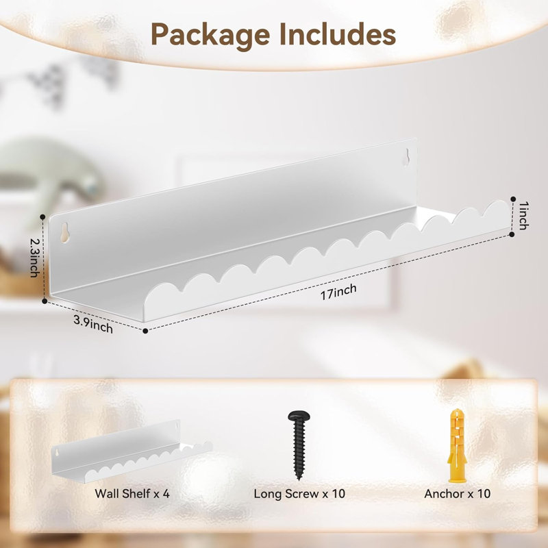 Floating Wall Shelves 17” White Metal 4 Pack, Durable Nursery, Bathroom, Bedroom, Playroom Storage & Display