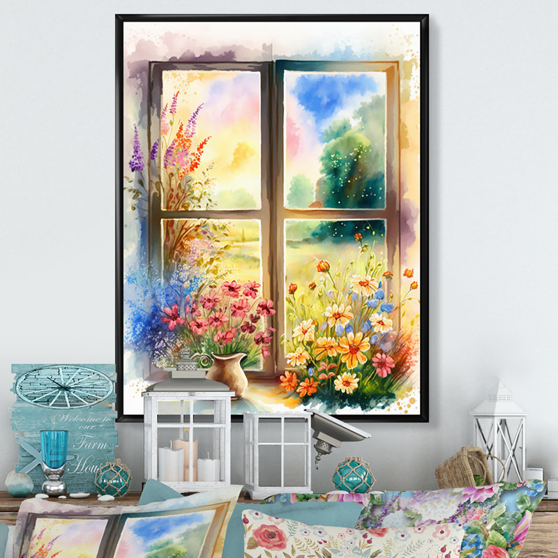 Été coucher de soleil floral fenêtre IV - impression, H 20 po x l 12 po x P 1 po, Cadre flottant noir