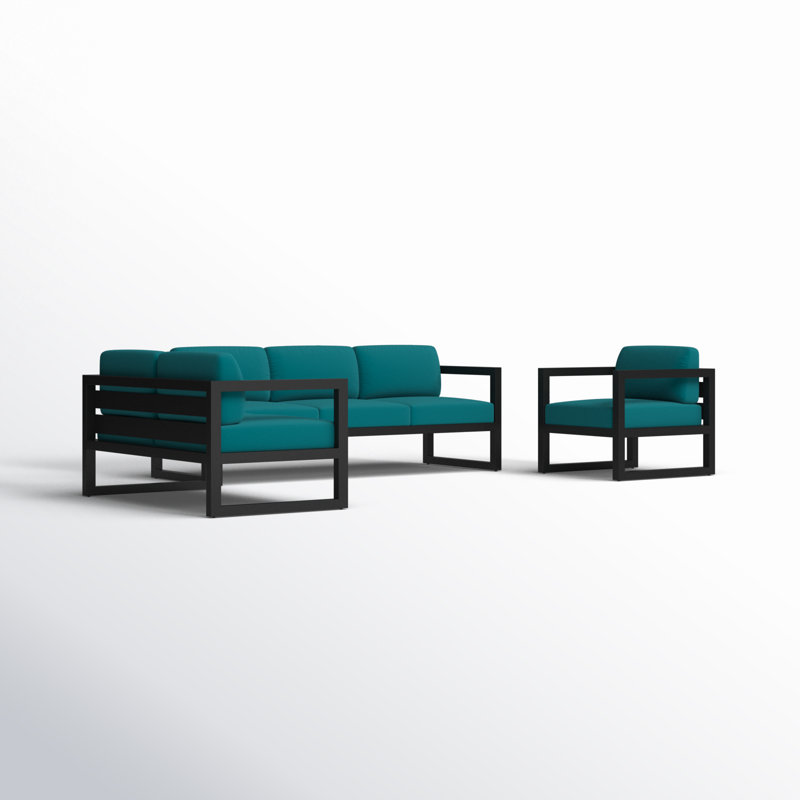 Avion 3 Piece Sofa Loveseat Set, Spectrum Peacock Sunbrella® Plainweave, Black