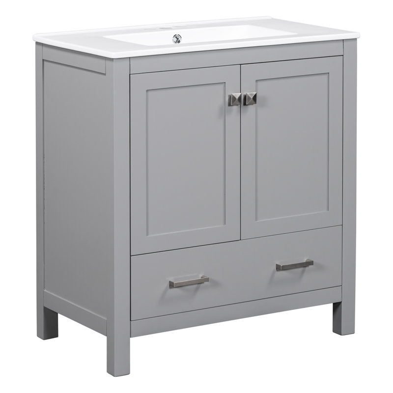 Meuble-lavabo gris 60 po avec lavabos doubles en céramique et tablette spacieuse - meuble de rangement élégant, Grey