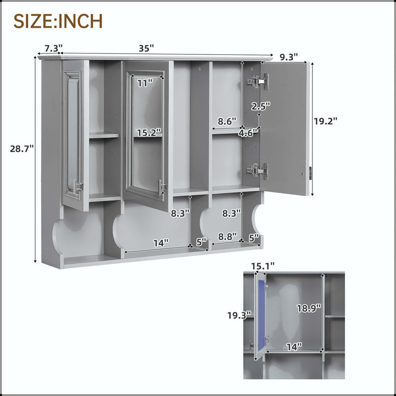 Pharmacie murale 35x28 avec 3 portes, 3 tablettes réglables et porte-serviettes - Gris
