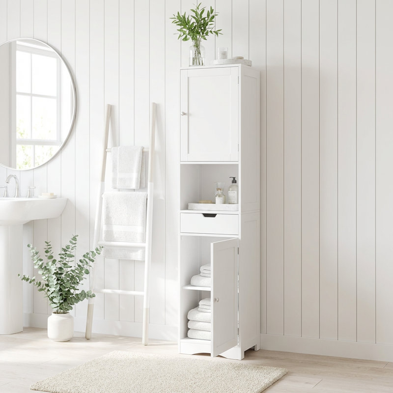 Tall Bathroom Storage Cabinet with Adjustable Shelves, Two Doors, and One Drawer