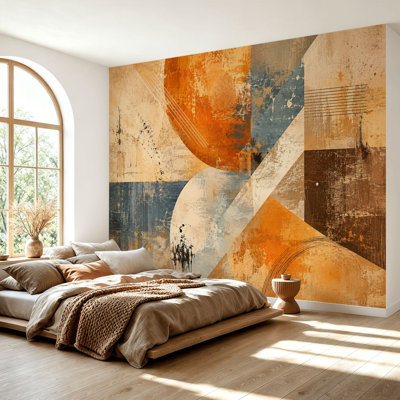 Papier peint adhésif autocollant abstrait géométrique beige, taupe, orange brûlé, patiné, autocollant, amovible, papier contact mural pour salon, chambre à coucher H 69 po x l 96 po