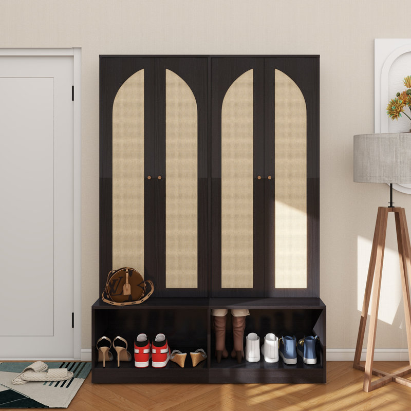 Farmhouse Widen Hall Tree With 4 Rattan Doors, Versatile 4-In-1 Seating Bench With 6 Hooks, Mid-Century Entryway Shoe Cabinet With Adjustable Shelf For Living Room, Black, 55.1"W