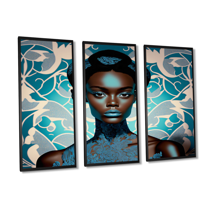 Beautiful Retro African American Model VI - 3 pièces sur toile, H 28 po x l 36 po x P 1 po, Toile encadrée noire
