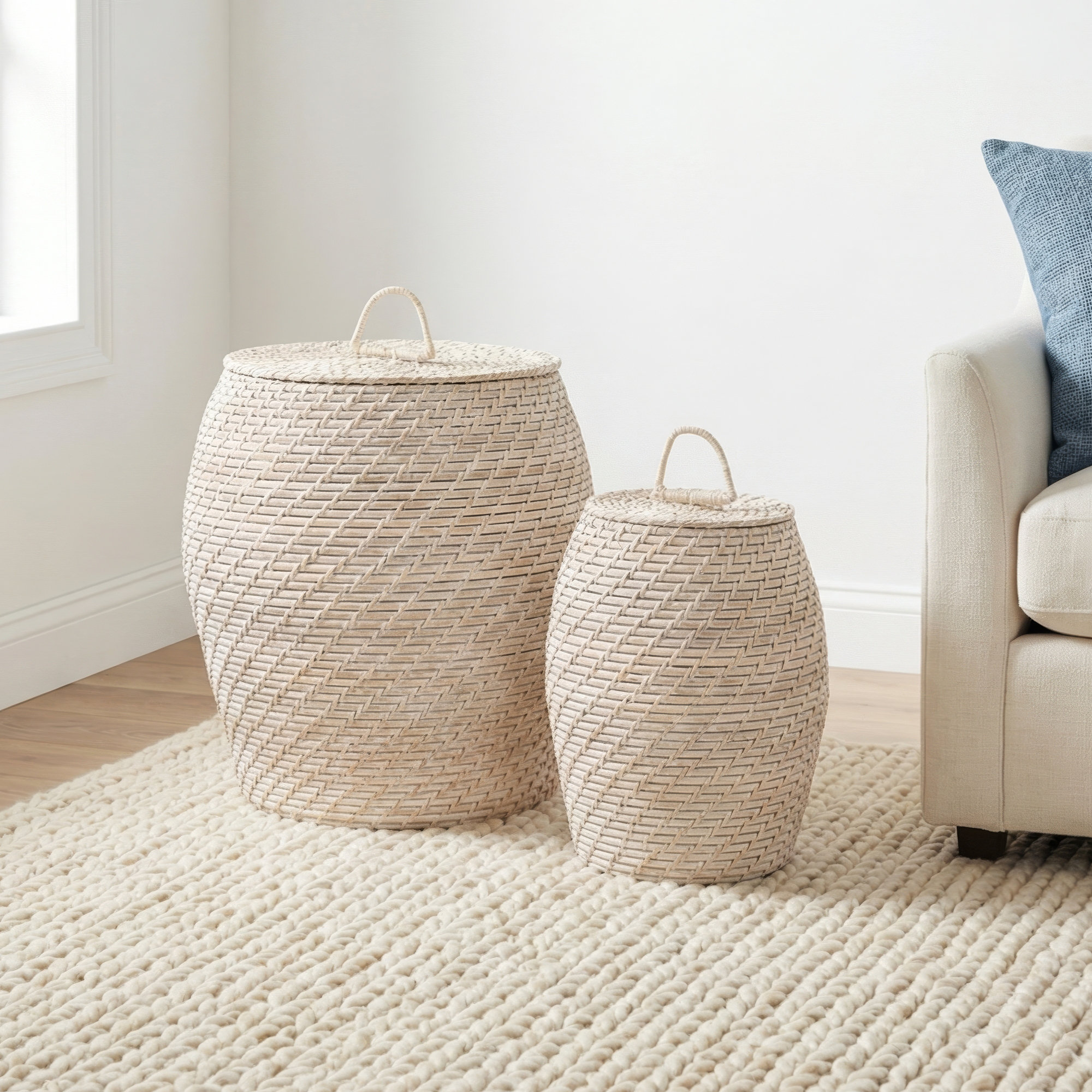 Coastal Rattan Decorative Basket, White Washed
