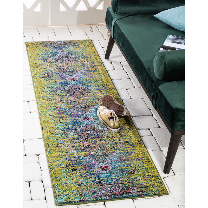 Tapis vert à motif géométrique Mulloy, Tapis de couloir 2 pi 7 po x 10 pi