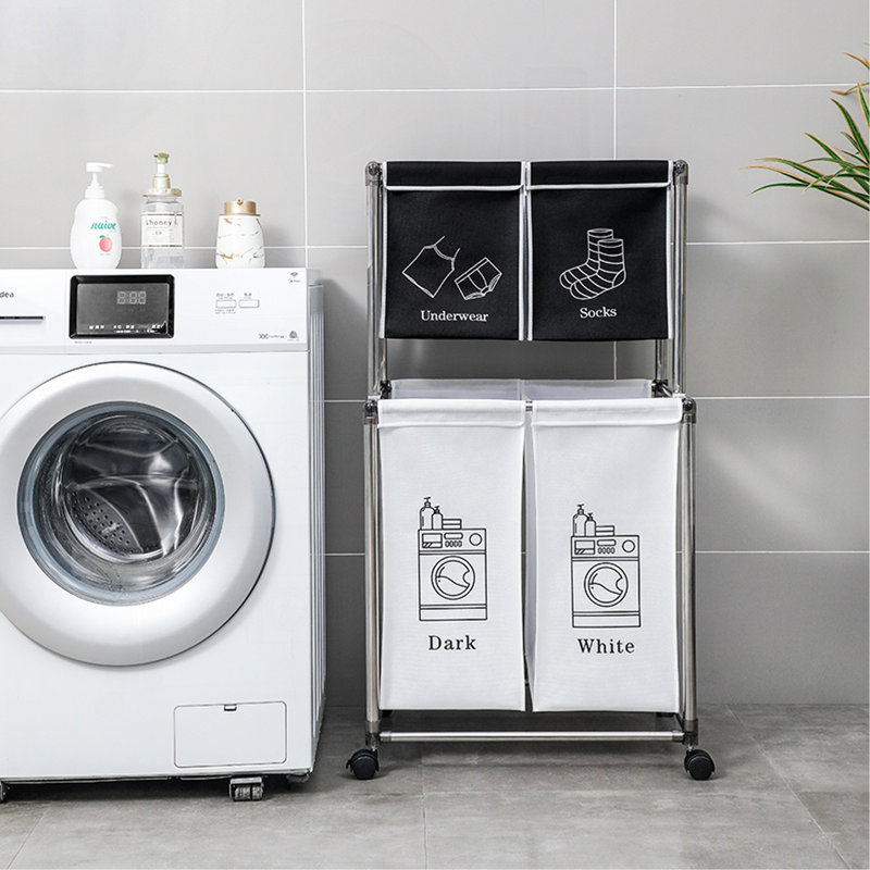 Laundry Basket 2 Tier Clothes Sorter With 4 Removable Bags To Organize Clothes, With Four Wheels, Easy To Move, Laundry, Light, Dark