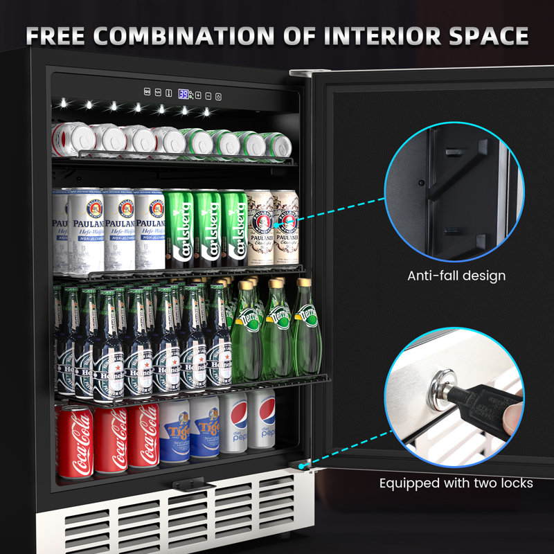 LINKEWODE 23.4'' W 190 Cans (12 oz.) 5.29 Cubic Feet Outdoor Rated Beverage Cooler, Black/Stainless Steel