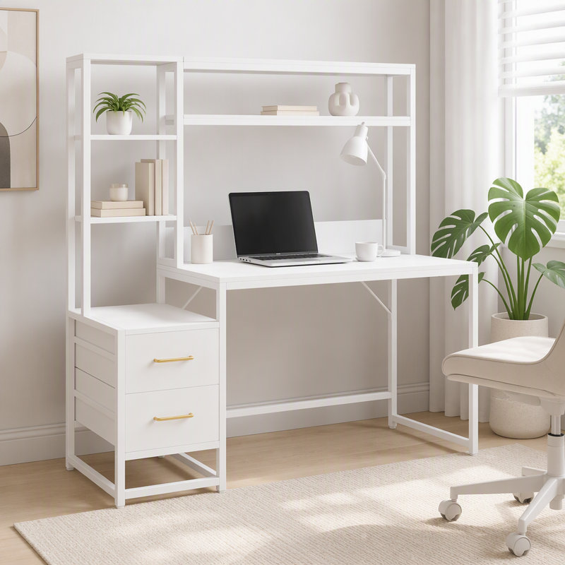 Bureau d'ordinateur 55 pouces blanc avec huche, 2 tiroirs et tablettes ouvertes - Bureau de bureau moderne pour bureau et jeux