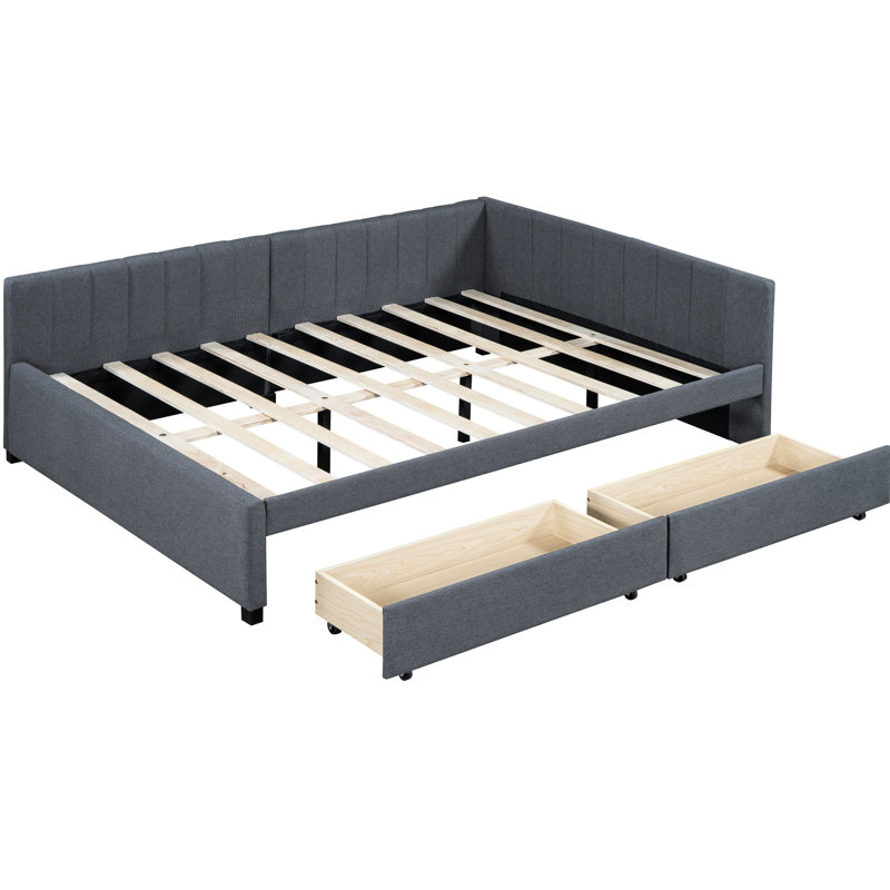 Lit de jour double en tissu de lin et 2 compartiments de rangement, gris. Structure de lit sans sommier tapissier pour un espace de sommeil confortable Revêtement gris. Robuste votre confort