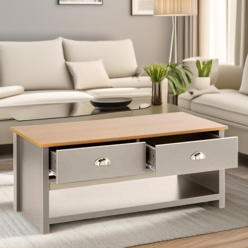 Trestle 2 Tier Coffee Table with Storage Drawers, Living Room Furniture, Grey