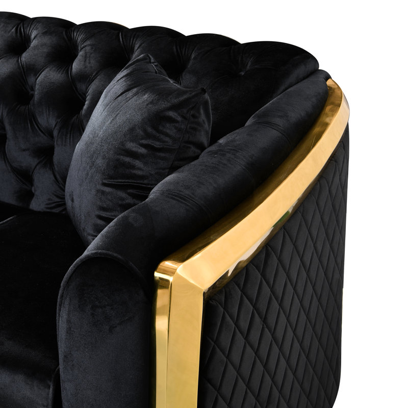 Velours 3 luxueux: 84 pouces avec surface en acier inoxydable doré, canapé noir de 84 pouces: surface